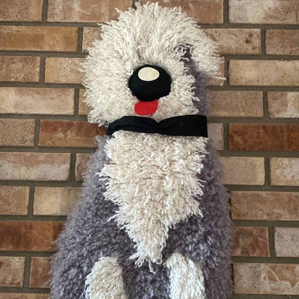 Vintage Old English Sheepdog Hooked Rug Completed Fiber Art Folk Wall Hanging
